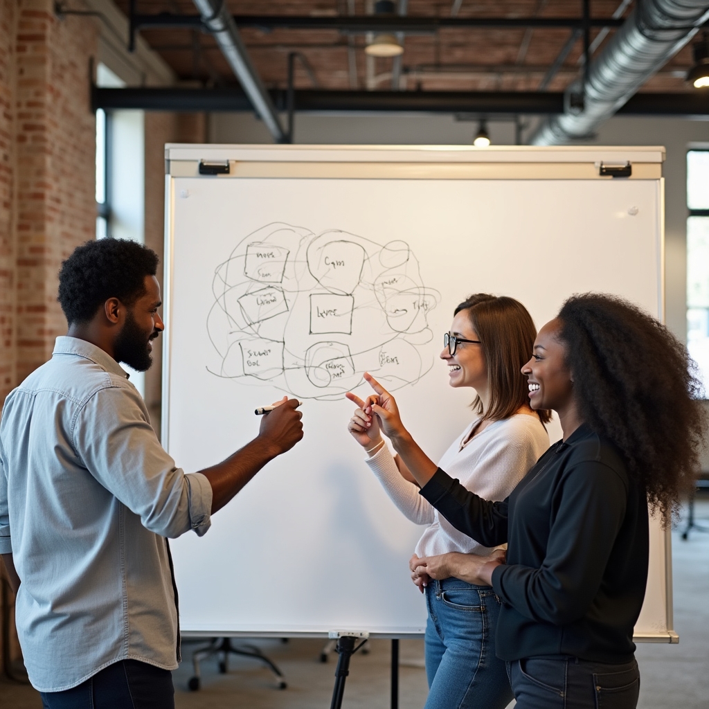 Kleine Gruppe skizziert gemeinsam an einem Whiteboard während eines Meetings